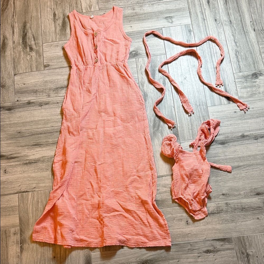 Adorable Coral Mom Dress & Baby Bodysuit Matching Set